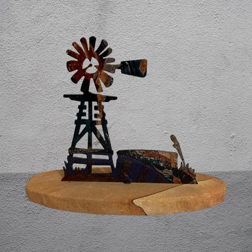 Lazart Enameled Metal Windmill on Sandstone Base Desktop Sculpture
